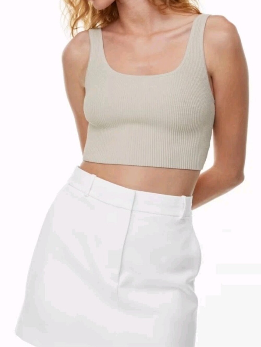 Babaton Aritzia Sculpt Knit Square Neck Cropped Ribbed Tank Neutral Women's M - Picture 3 of 8